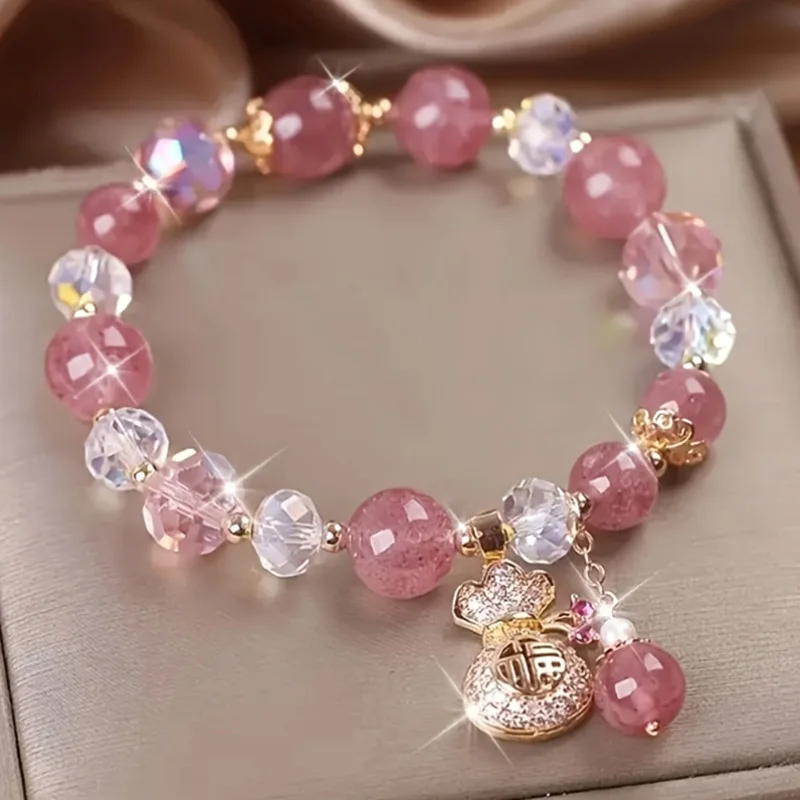Elegant Pink Transparent Women's Charm Bracelet - Decorative Coin Purse - Heart-shaped clasp with gold-tone bead interlocking chain design, suitable for Christmas, birthdays, parties - Luxurious accessory