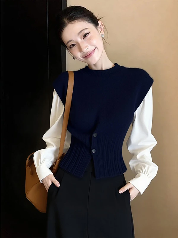 Spring Autumn Black Knitted Top Women's round Neck Splicing Design Unique Beautiful Vest Fashionable Short Length Single Button
