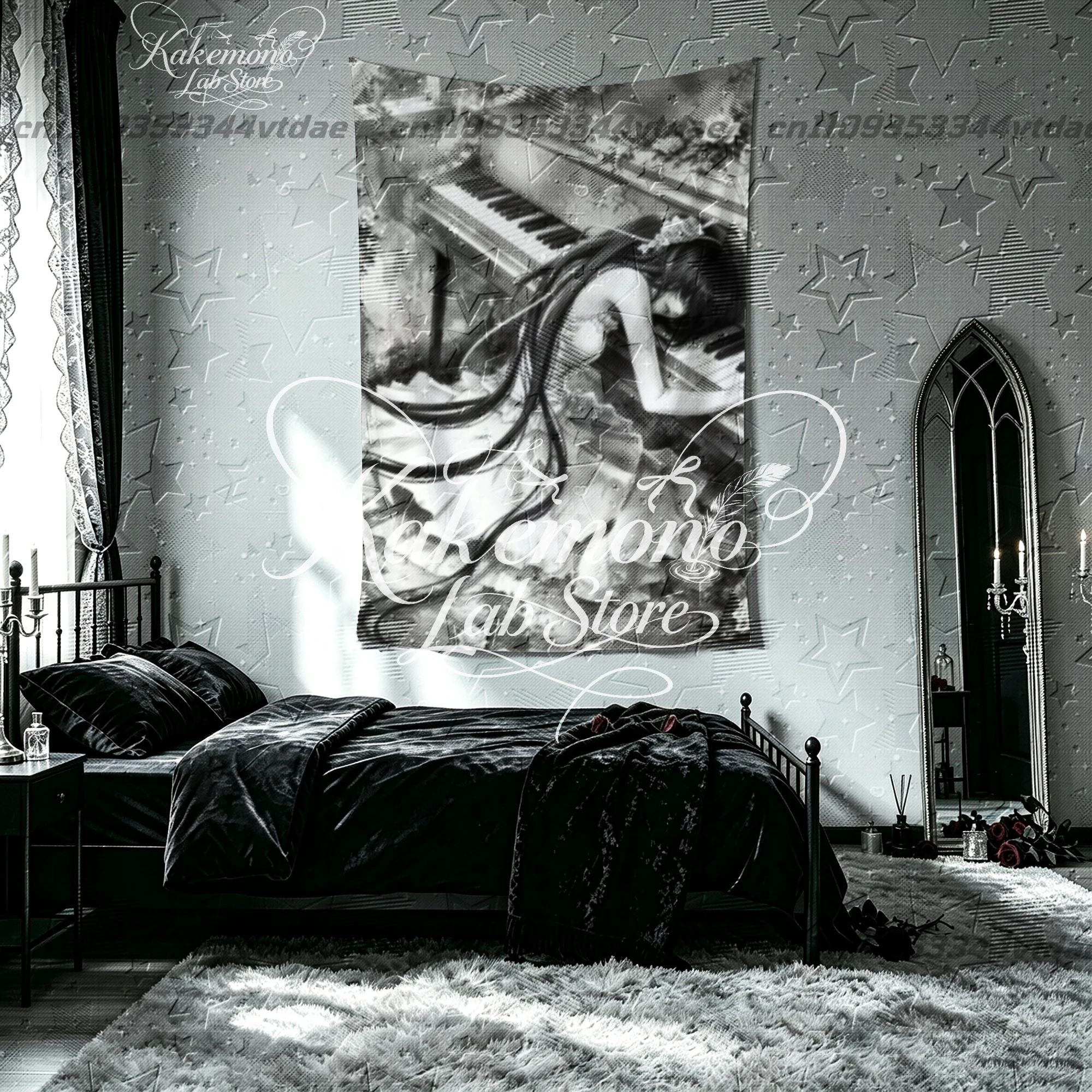 Black White Long Hair Piano Maiden Vertical Tapestry, Elegant Rose Floral Art Print Wall Hanging Soft Grunge Bedroom Background