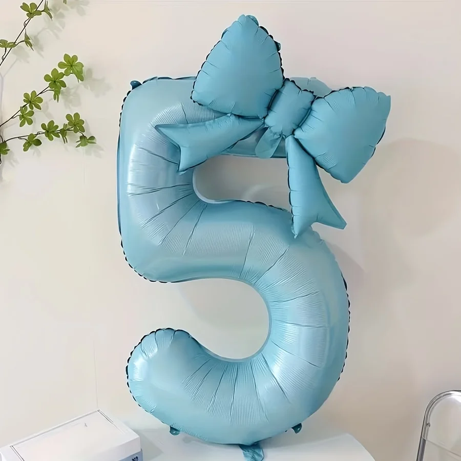 2 Stück/Set Blaue Zahlen- & Schleifen-Folienballons mit Klebepunkten, Valentinstag Geburtstag Hochzeit Verlobung Jubiläum Feiertagsparty Dekoration – Detail 4