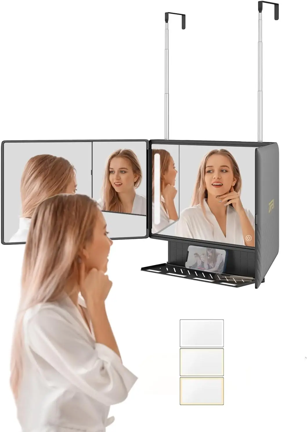 

Rechargeable Trifold Mirror with LED Lights, Adjustable Hook for Makeup, Hair Styling, and Shaving