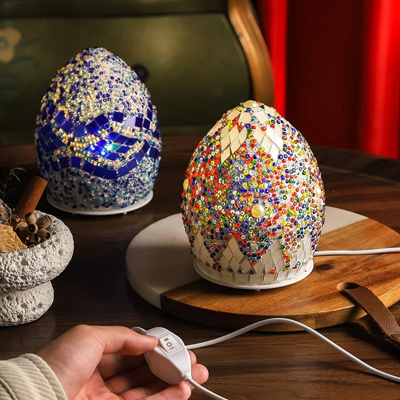 USB Rotating Egyptian Egg Lamp Vintage Art Deco Handcrafted Lamparas De Mesa Mosaic Bed Light Lamparas Con Mosaicos Night Lights