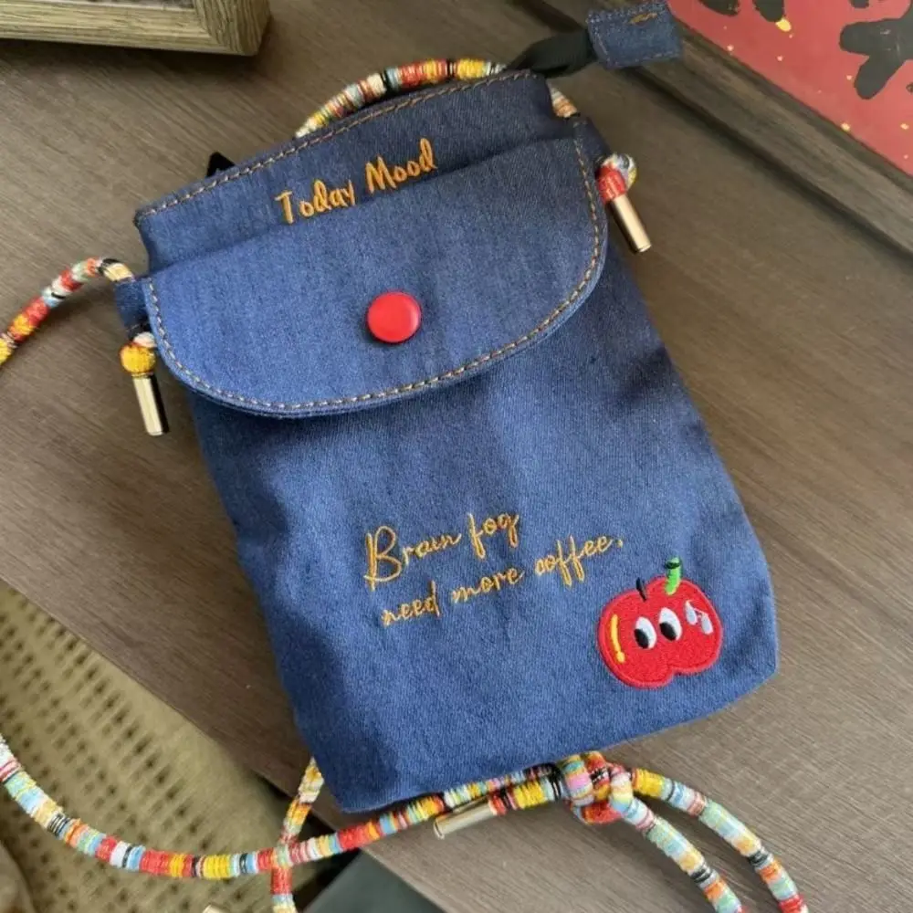 

Fashion Embroidered Moblie Phone Bag Lightweight Colorful Rope Shoulder Bag Denim Adjustable Phone Crossbody Bag Travel