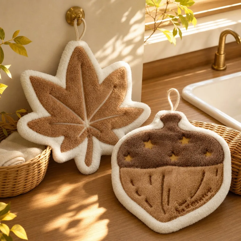2-Pack of Randomly Assorted Maple Leaf and Hazelnut-Shaped Hand Towels, Absorbent and Soft, Maple Leaf and Acorn Hanging Kitchen Towels for Bathroom, Kitchen, and Autumn Home Decor, Decorative Quick-Dry Towels, Christm
