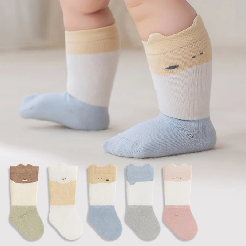 Color Block Cartoon Mid Calf Baby Socks Soft Cotton Wave Cuff Walking Children's Socks Infant Toddler Socks for Kids