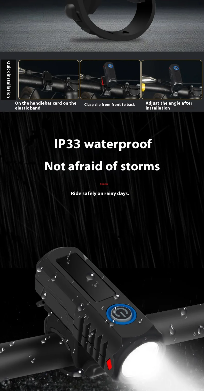 مصباح دراجة هوائية مع شحن USB مصباح أمامي لركوب الدراجات الليلية لركوب الدراجات في الهواء الطلق، ضوء تحذير طويل الأمد للدراجة الجبلية #3