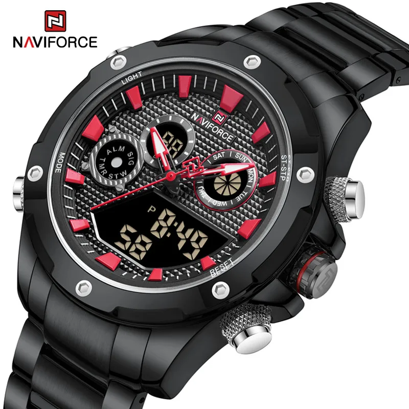 

NAVIFORCE Fashion Watch Mens Luminous Digital Day and Date Display Alarm Stainless Steel Waterproof Wristwatch Relogio Masculino