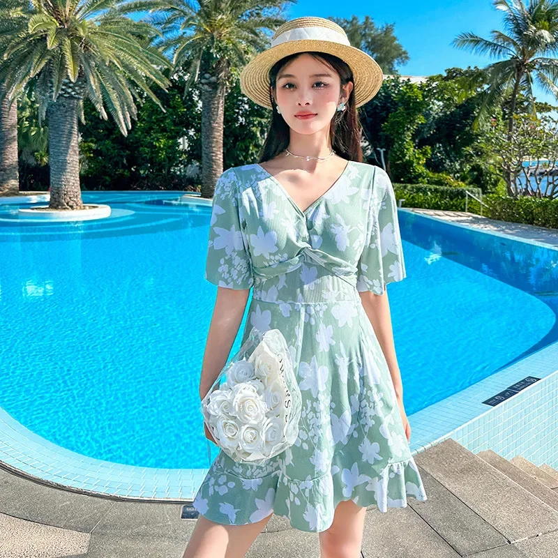 Korean Plus Size One Piece Swimsuit Women Skirt  Floral Print Short Sleeved V-neck Beach Swimwear Hot Spring Suit Summer