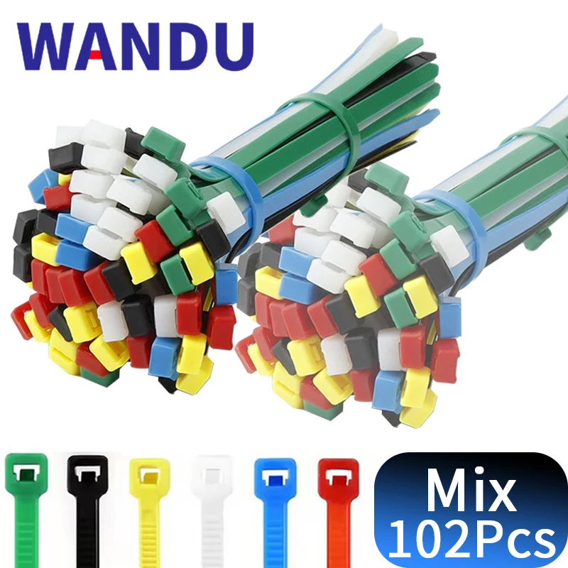 102PCS Multi color set 4.6mm Self-Locking Nylon Cable Ties Plastic Zip Tie Binding Wrap Straps Fastening Loop Home Office Wandu
