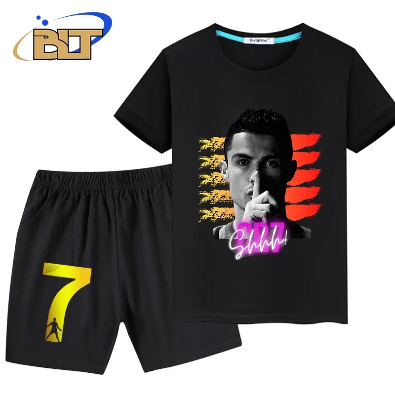 Ronaldo infantil impresso camiseta esportiva de manga curta e shorts terno, conjunto de 2 peças, adequado para meninos, roupas de verão