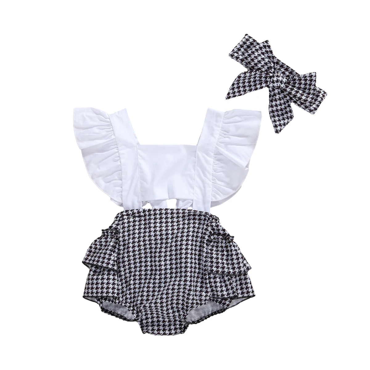 

Fashion Newborn Baby Girl Ruffle Patchwork Print Romper Cotton Sunsuit Sleeveless Jumpsuit Headband Outfits Clothes 0-18M