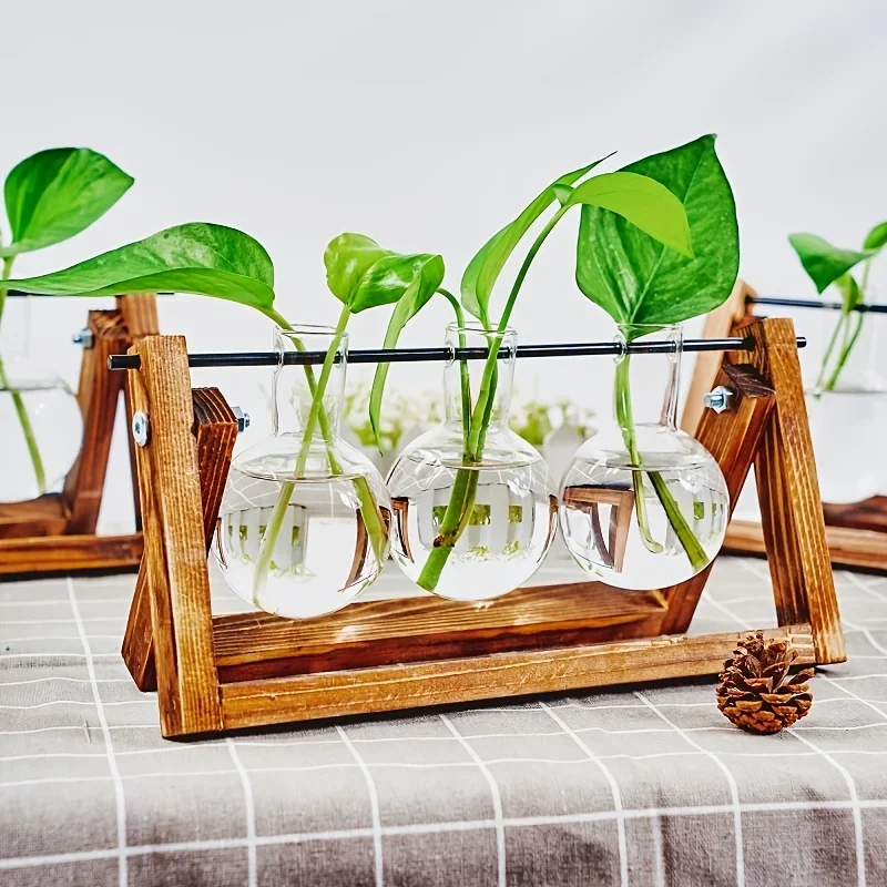 Wooden Rack Terrarium For Plants, Clear Flower Pot For 1pc, Tabletop Glass Planter Propagation Station Hydroponic Plant Vases