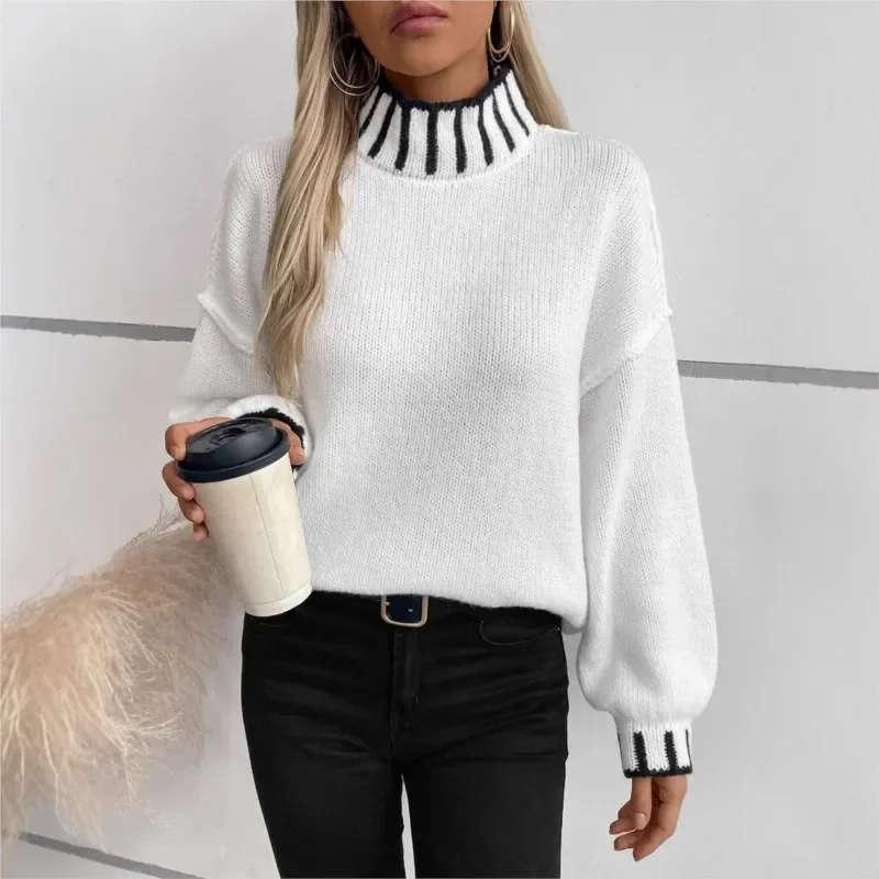 

Spring Daily Match Knitted Sweater Top Women's Turtleneck Striped Pullover Fashionable Solid Color Round Neck Knitted Top