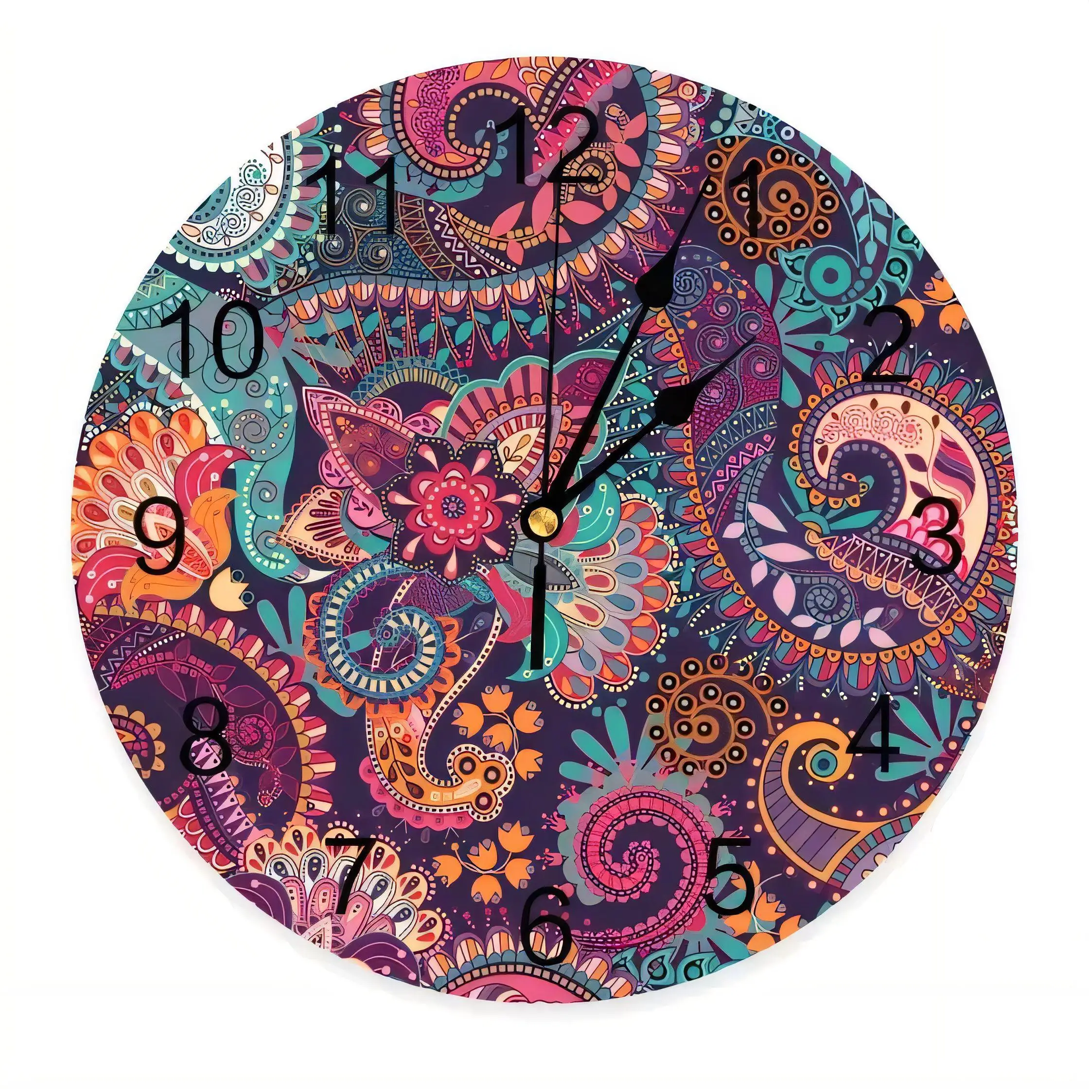 Round Wall Clock Vibrant Paisley Pattern Dark Purple Pink Orange Teal  Bohemian Decorative Home Office Silent Non Ticking Batter