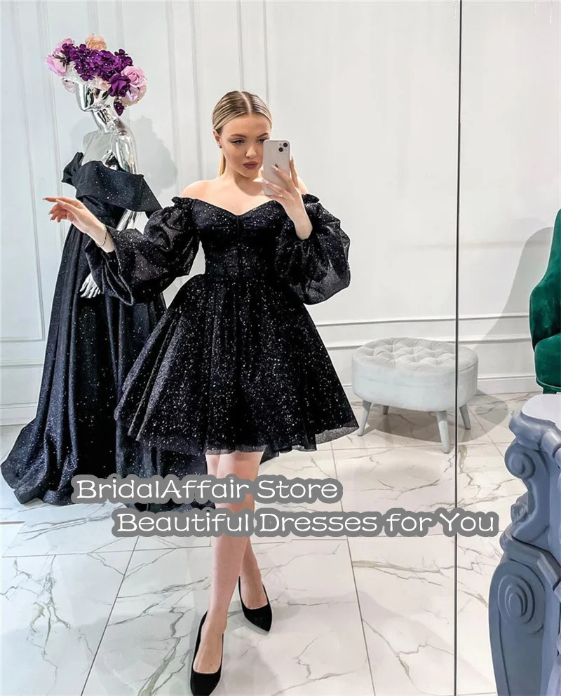 Glitter Zwarte Korte Prom Dresses Puff Lange Mouwen Sweetheart 16 Zoete Meisjes Cocktail Party Dress Sparkly Robe De Soiree