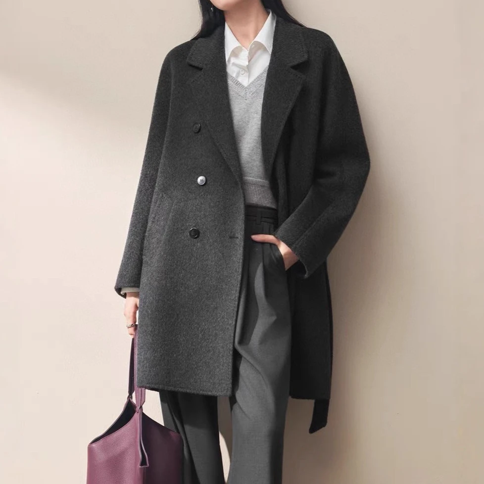 

Women Y2k Wool Coats Mid Length Jackets Pockets Long Sleeves Turn Down Collar Double Breasted Office Lady 2025 Autumn Winter