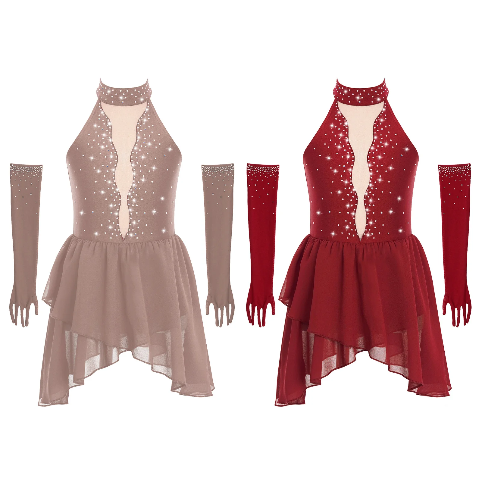 Kids Girls Rhinestone Figure Skating Dress Ballet Lyrical Dance Performance Costume Sheer Mesh Patchwork Dress with 1Pair Gloves