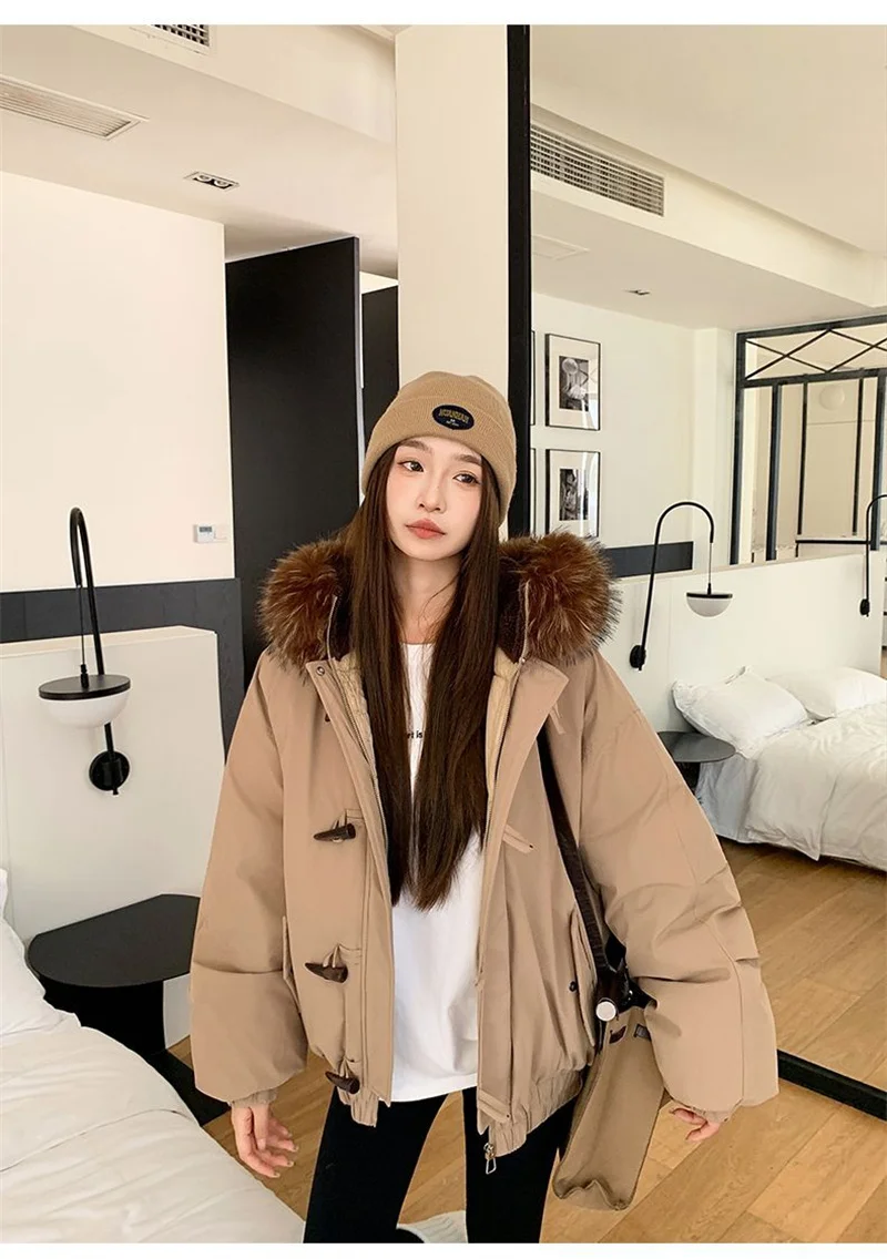 Warm Down jacket Ladies Pai Overcome Winter 2026 New Cotton Padded Coat Women Parkas Horn Hooded Outcoat Big fur collar Overcoat
