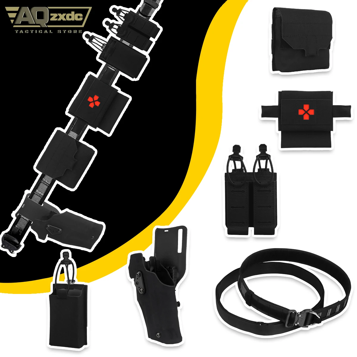 

AQzxdc Tactical Left-Hand Holster Belt Set, with Double Magazine Pouch, Small Sundries Bag, Micro Trauma Kit, G17 Left Holster