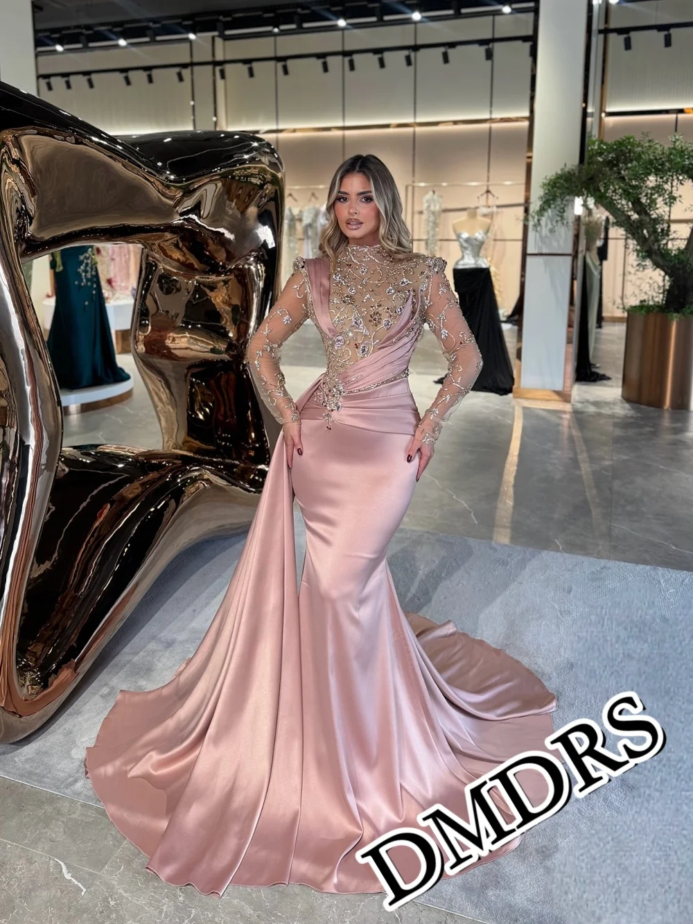 

DMDRS Romantic Long-Sleeve Evening Dress 2026 Charming Beaded Party Gown Formal Satin Floor-Length Party Dresses فساتين س