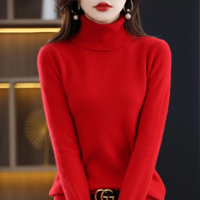 100% Merino pure wool high-necked autumn and winter new loose women\'s solid color sweater fully knitted bottoming shirt