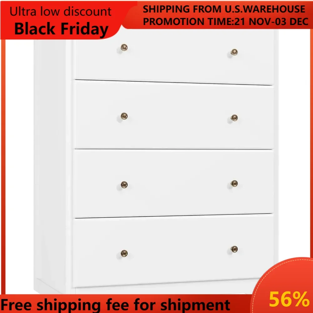 

White Dresser, 4 Drawer Dressers Chest of Drawers, Modern Tall Dresser, Wood Drawer Chest Storage Cabinet for Living Room