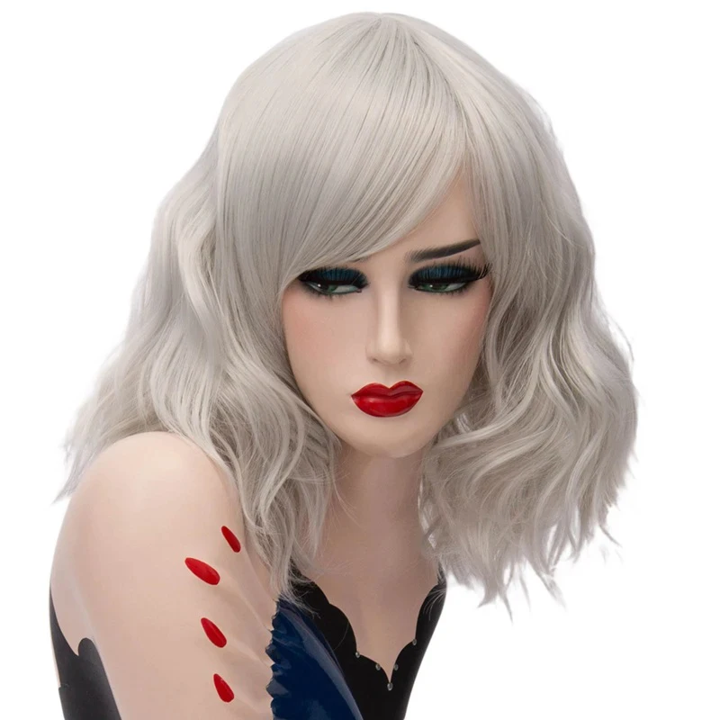 MSIWIGS Short Wig Grey White Wavy Cosplay Red Wig with Side Bang for Women Party Costume Lolita Synthetic Hair