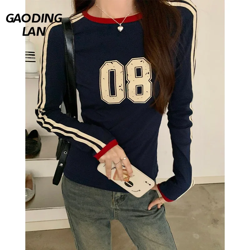 

Модные женские топы с длинными рукавами и цифровым принтом, осенне-зимние футболки в контрастную полоску, женские хлопковые облегающие футболки в американском стиле