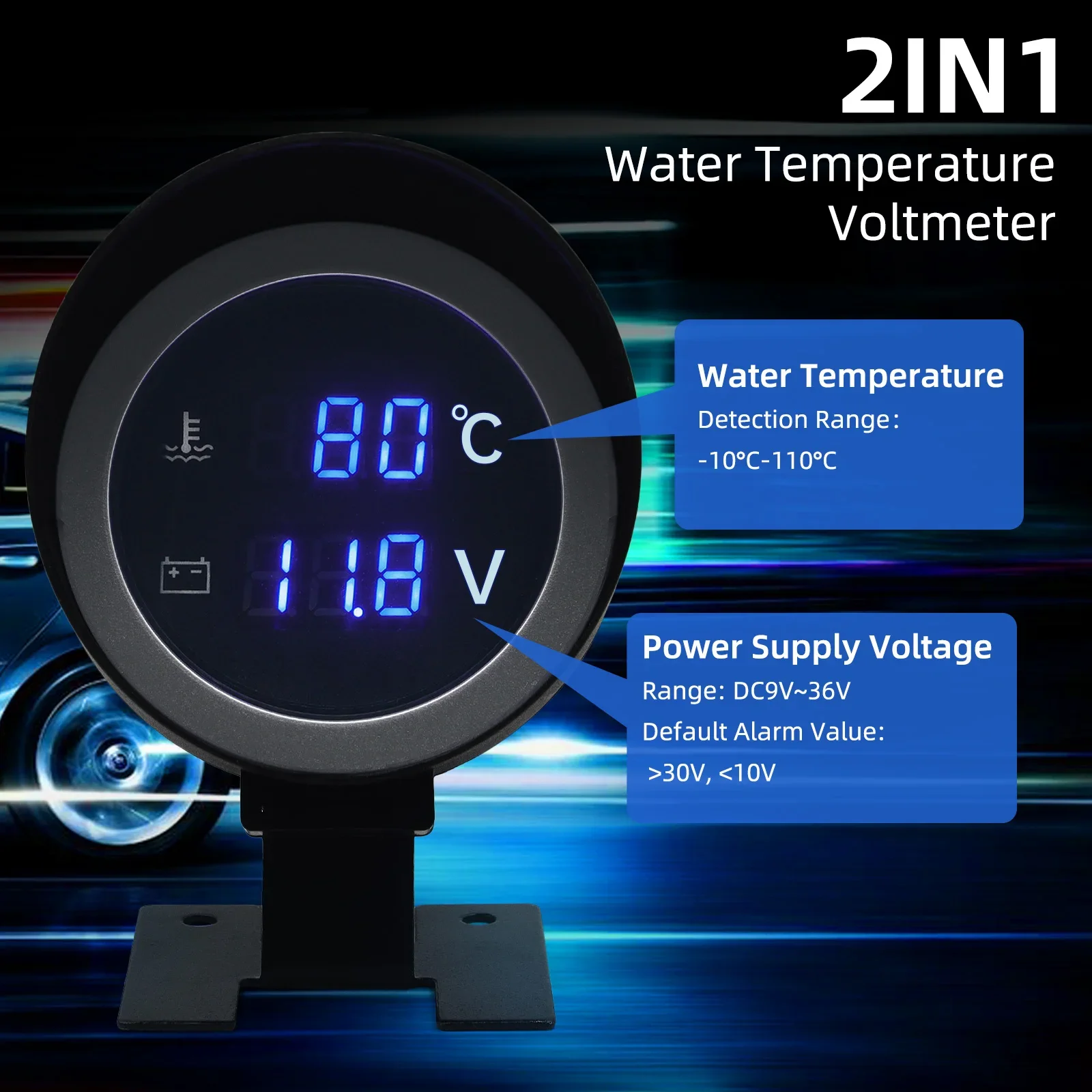 LED Digital Water Temp Gauge 2 in 1 Round Voltmeter With Temperature Sensor 1/8NPT Radiator Joint Pipe Adapter 26MM~40MM 12V24V