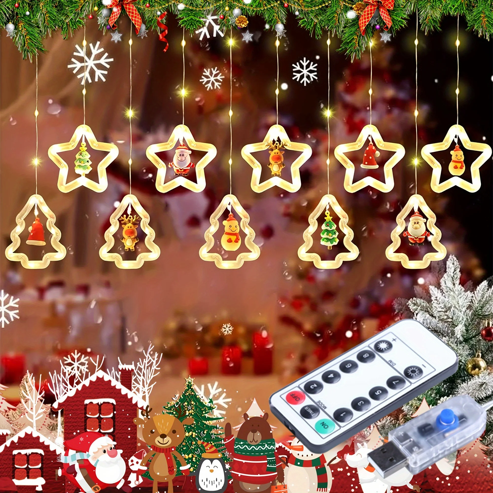 Popular Santa Claus LED Curtain Lights, 10 Miniature Snowflake Christmas String Lights with 8 Lighting Modes