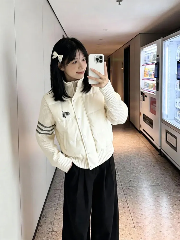 

Korean Sle Thiened ort Cotton Jaet Women's Knitted Splicing Stand Collar Slim Fit Autumn Winter Coat for Young Ladies