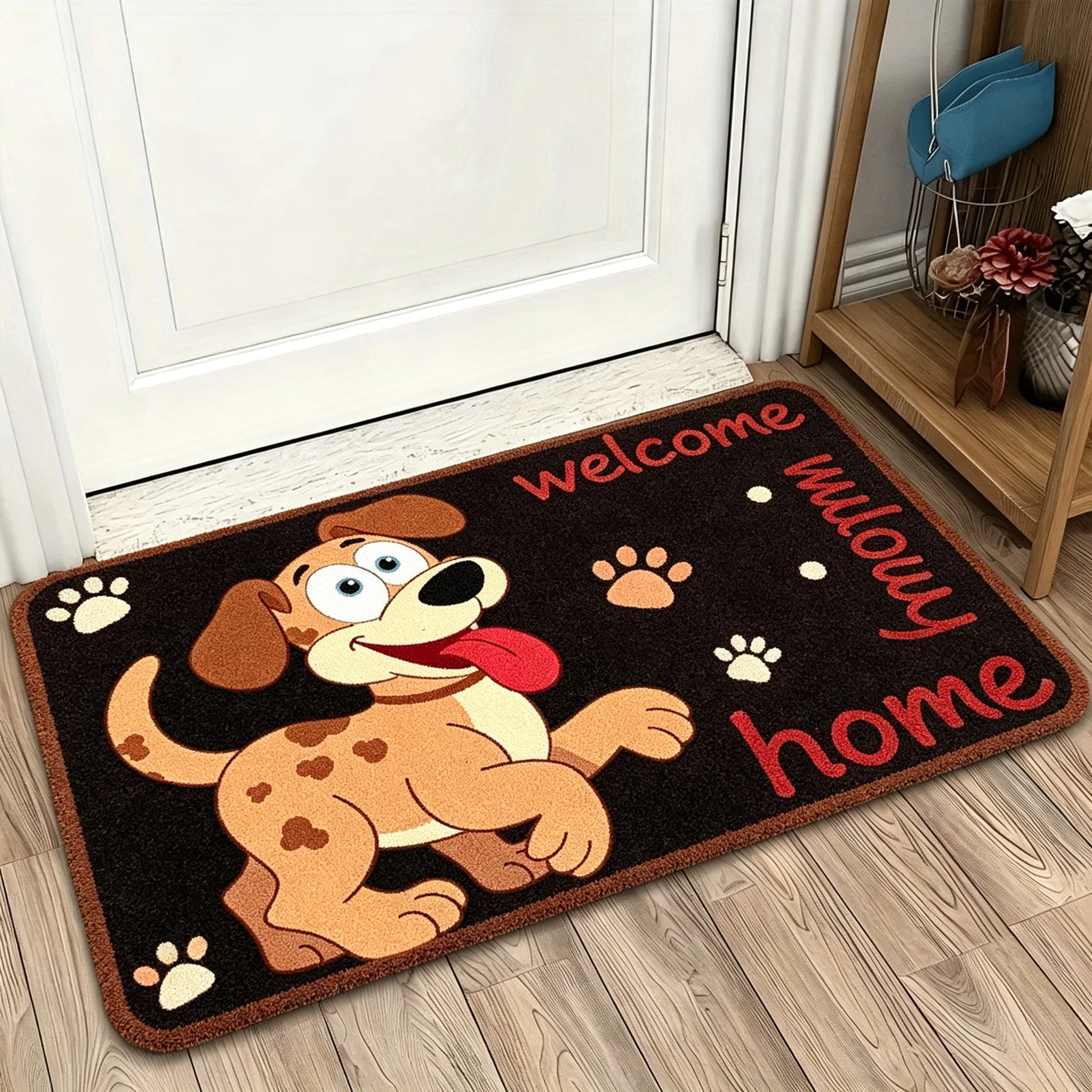 Cute Dog Print Welcome Doormat for Front Entryway Floor Mat Home Decor Multi Color Paw Pattern Stylish Indoor House Entrance