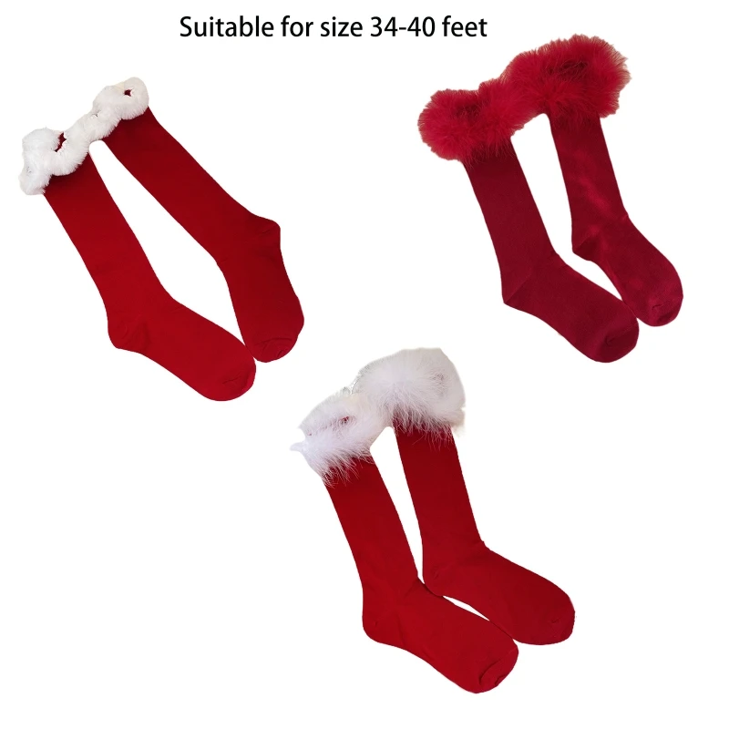 Women Christmas New Year Cotton Red Knee High Socks with Faux Fur Trim Holiday Festival Party Tube Stockings