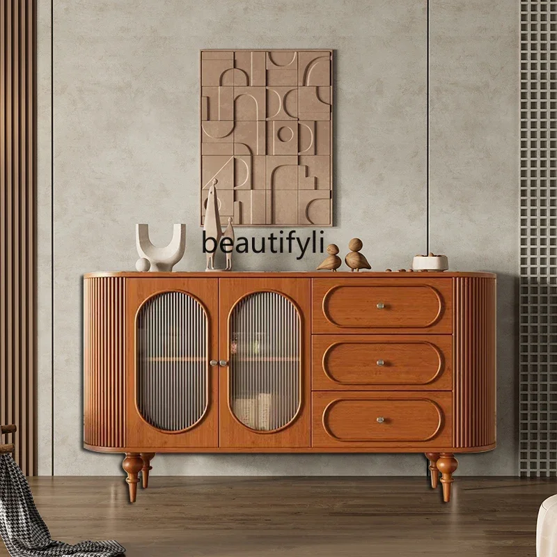 

French Solid Wood Sideboard Cherrywood Retro Movable Light Luxury Changhong Glass Entrance Cabinet