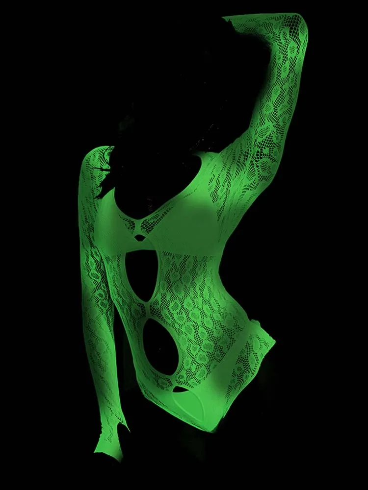 Erotic Luminous Costume Sexy Glow in Dark Lingerie Crotchless Women BodySuits Underwear Babydolls Hip Wrap Bodysuit Fishnet