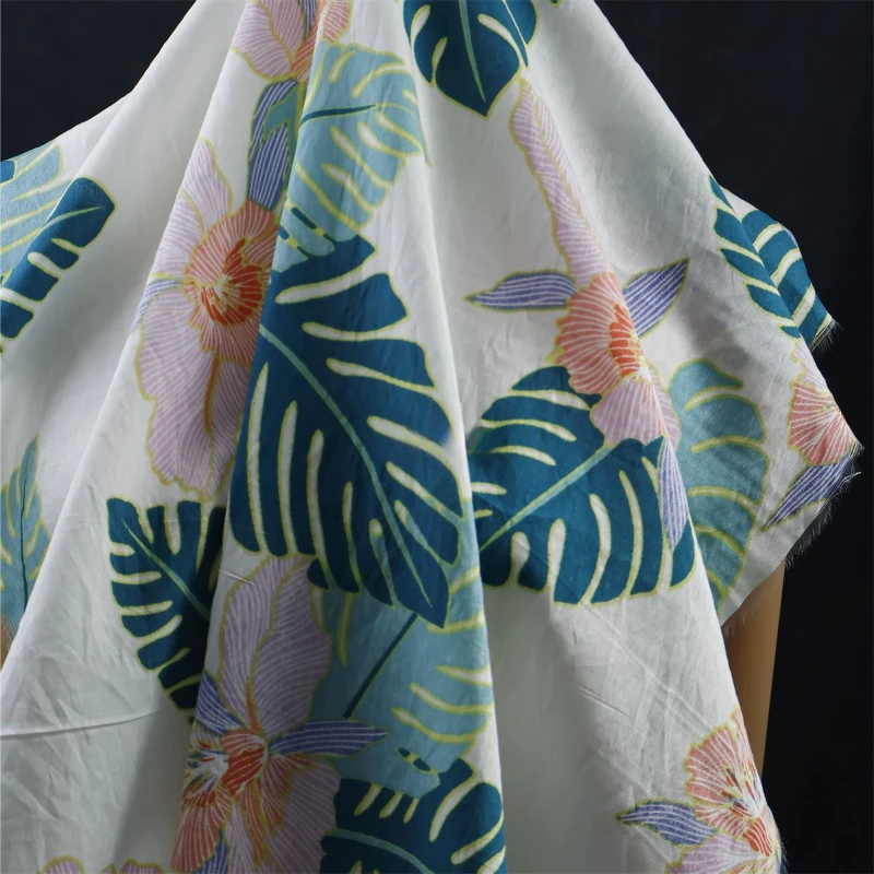 Refreshing Beach Vacation Style White Bottom Green Leaf Flower Printed Fabric Coat Dress Fabric