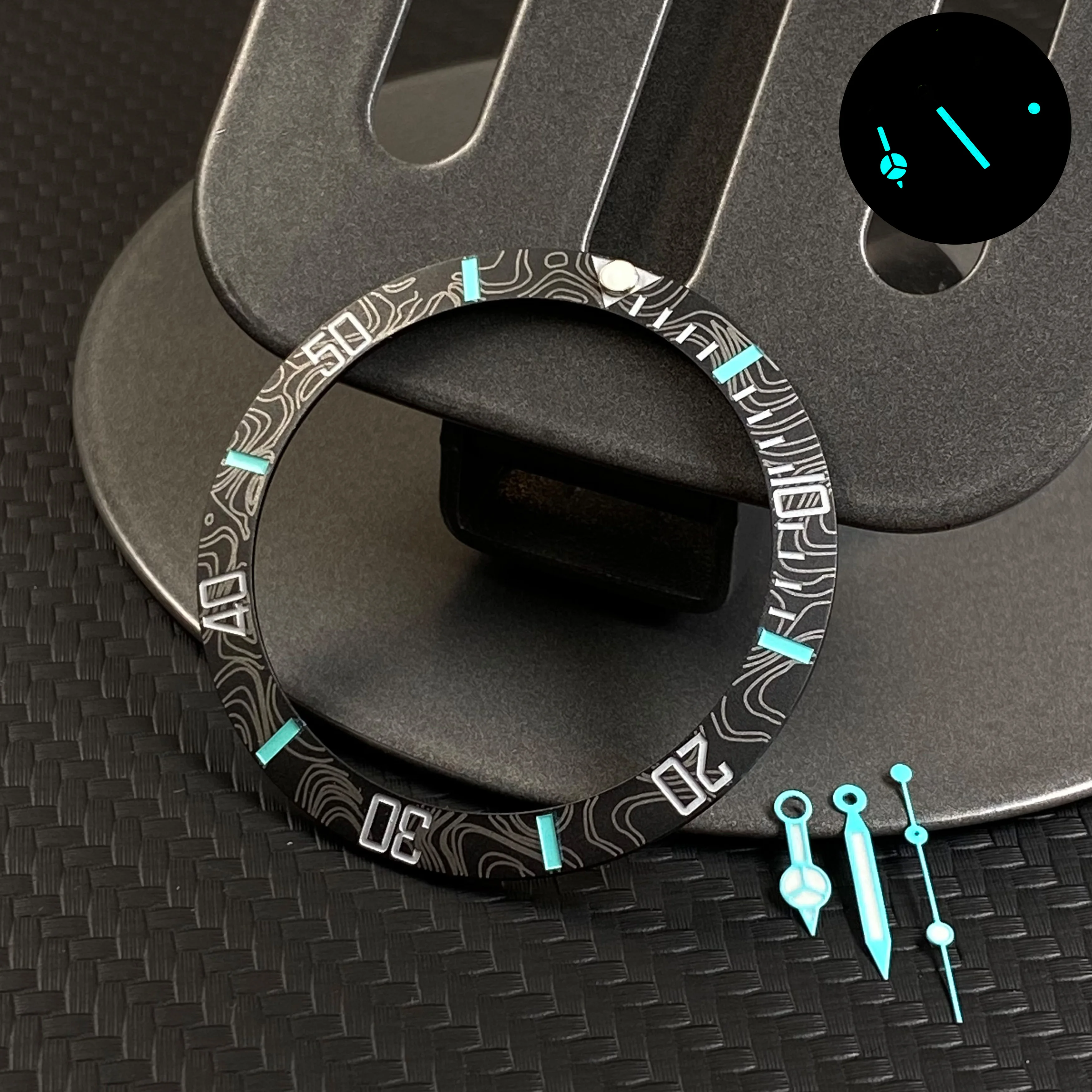 NH35 시계 바늘 섬유 패턴 디자인 세라믹-알루미늄 베젤 블루 그린 빛나는 손 NH35 NH36 무브먼트 부품 시계 케이스에 적합