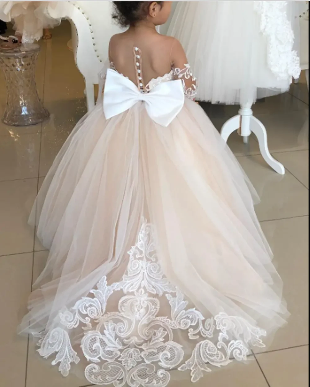 Vestidos florais de manga comprida para convidados de casamento, dama de honra infantil com laço branco marfim renda tule primeira comunhão