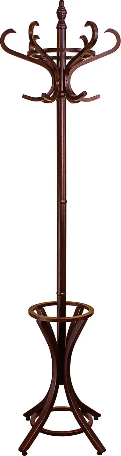 

8000 Floor Standing Hat and Coat Rack with Umbrella Stand, Pine Wood Dark Walnut