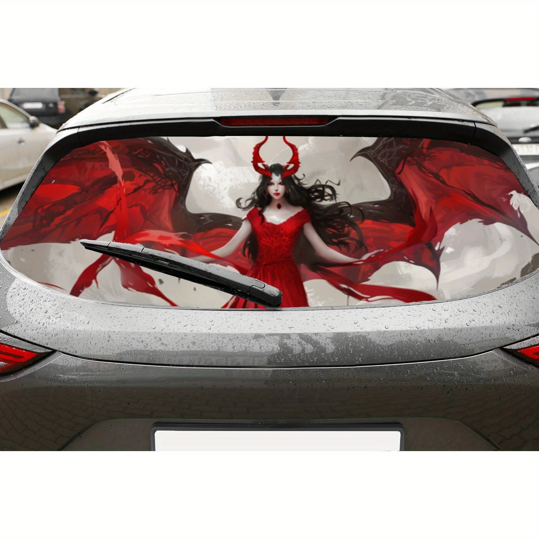 Волшебная демонстрация с красными крыльями и принтом, наклейка на заднее лобовое стекло автомобиля, окно грузовика, прозрачная перфорированная виниловая наклейка на заднее окно