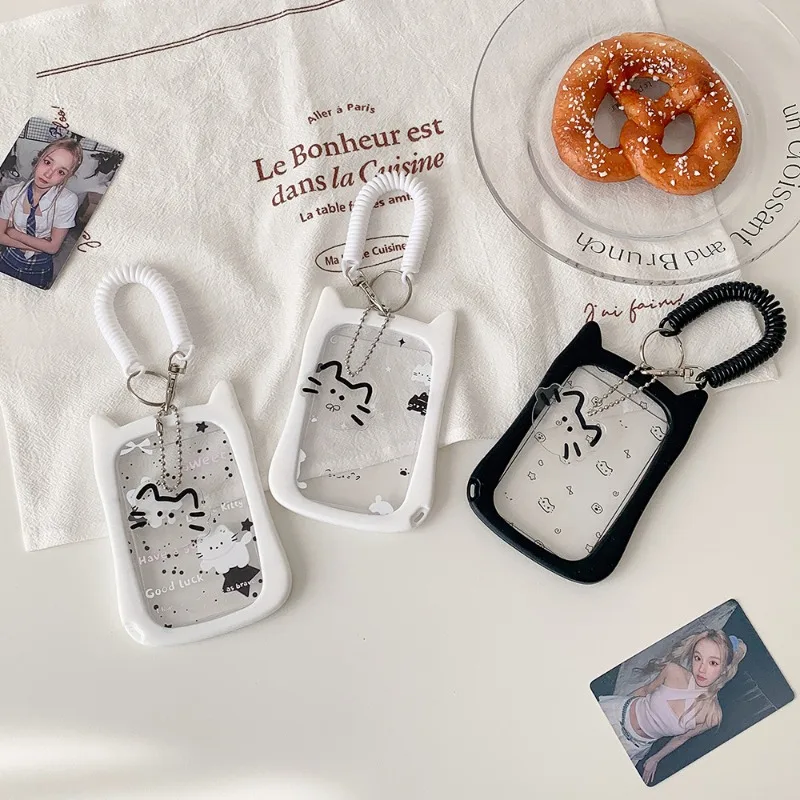 Ins Aesthetic Girly Transparent Card Holder - Cute Cat Cartoon Design, Student Campus/Bus Card Lanyard, Scratch-Resistant Case