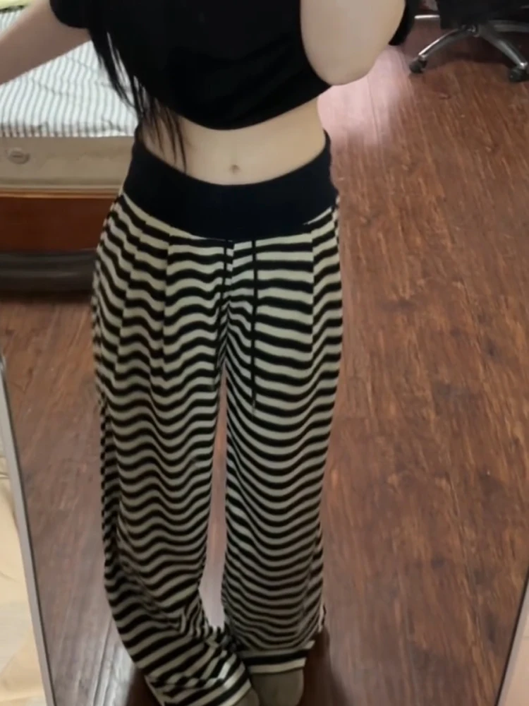 Pantaloni casual Dstring a righe retrò americani Pantaloni a gamba larga a gamba dritta a vita alta da donna dimagranti