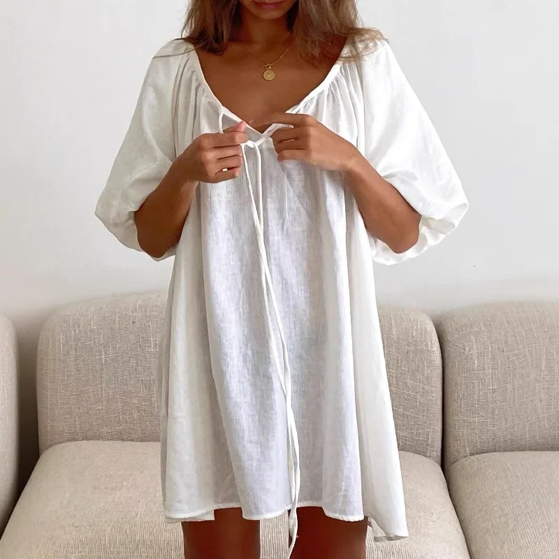 

Летняя белая ночная сорочка 2026 для женщин, повседневная, 100% хлопок, свободная, дышащая, удобная домашняя одежда с регулируемым поясом