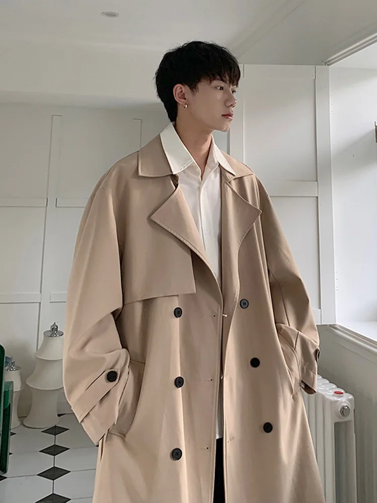 

Мужское длинное пальто цвета хаки, осеннее, модное, стильное, с двубортной застежкой на пуговицах, свободного кроя, для молодежи