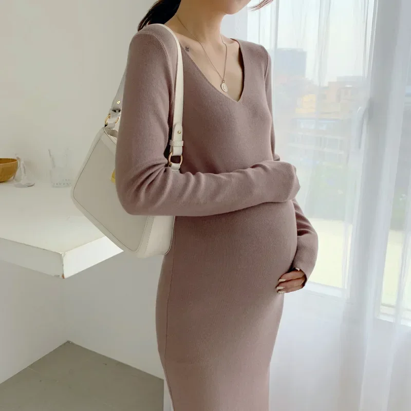 Knitted Maternity Dress Elasticity Autumn Pregnant Clothes Long Sleeve Maternity Gown Photography Photo Shoot Pregnancy Dress