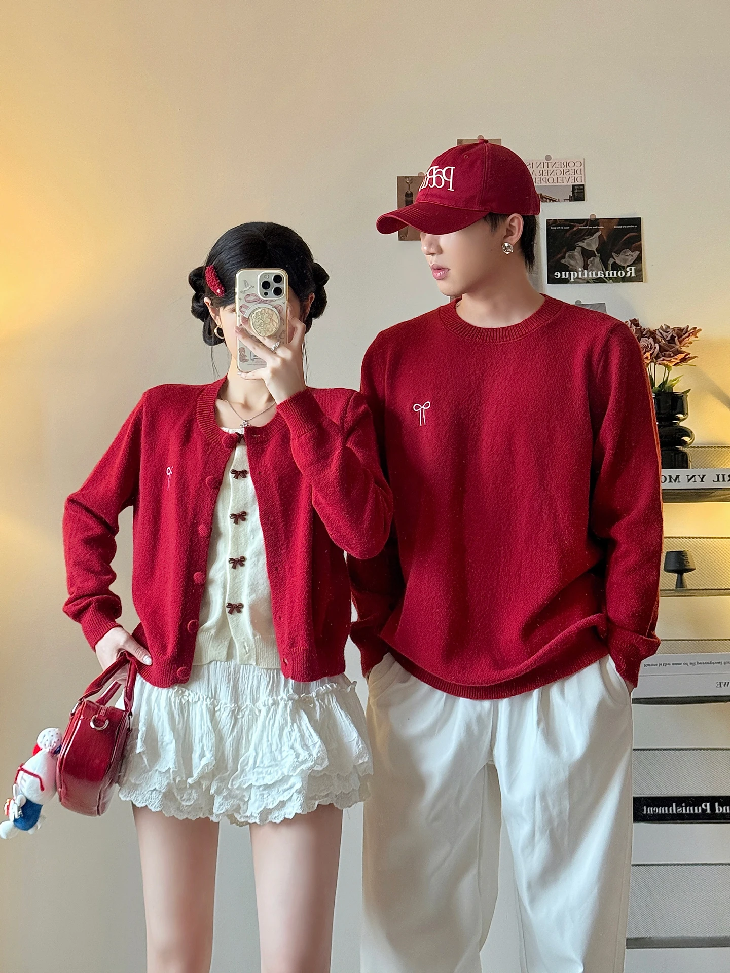 Couples Knitted Sweaters Red Engagement New Year Long Short Top Matching Korean Style Breathable Soft Fabric Casual Wear