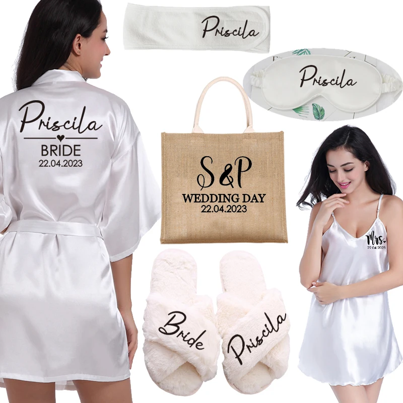 Customized Wedding Date Name Bathrobe Gown Set Bridal Robe Bride Bridesmaid Wedding Robes Woman Bachelorette Preparewear