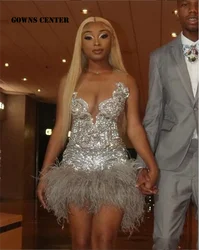 Sparkle Silver Feathers Rhinestone Party Prom Dresses Black Girls African Mermaid Dress Sheer Mesh Movie Outfit Customized