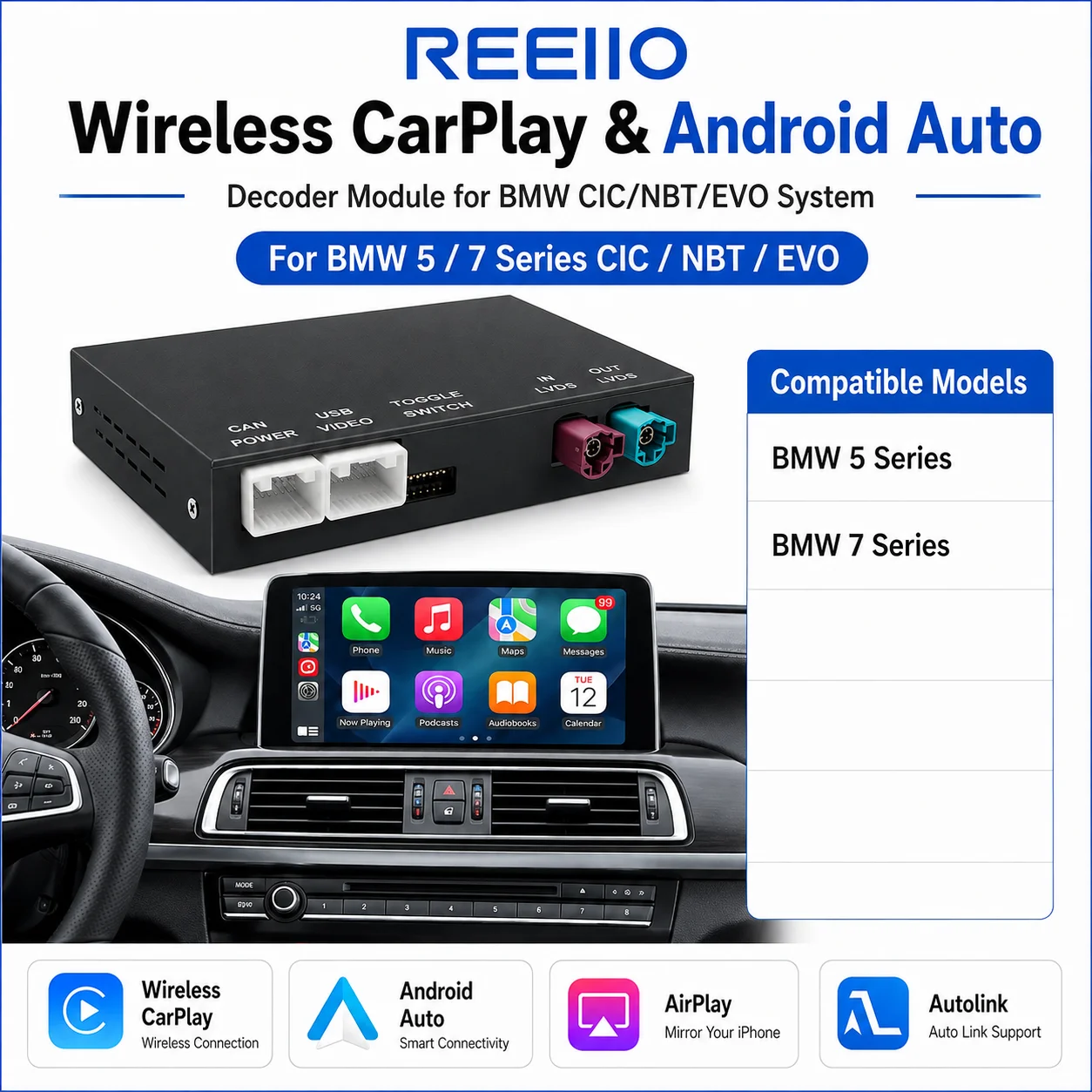 Bezprzewodowy adapter CarPlay Android Auto do BMW serii 5 7 F10 F11 F07 GT F01 F02 F03 F04 2009-2016 z nawigacją Bluetooth i funkcją Mirror Link
