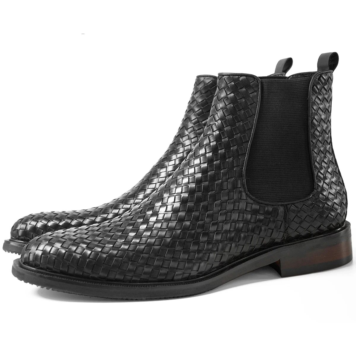 Hanmce Black Chelsea Boots Spring/ Winter High Quality Weave Pattern Genuine Leather Slip-On Elegant Luxury Ankle Boots For Men